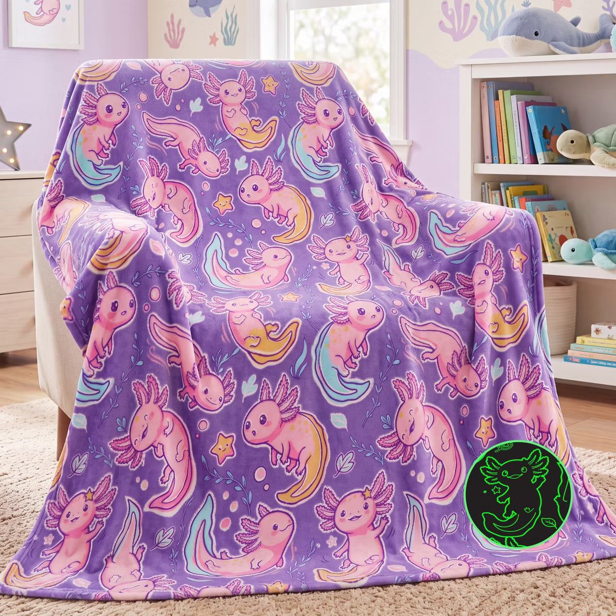 Throw Glow in the Dark Flannel Blanket – Pink Purple Axolotl