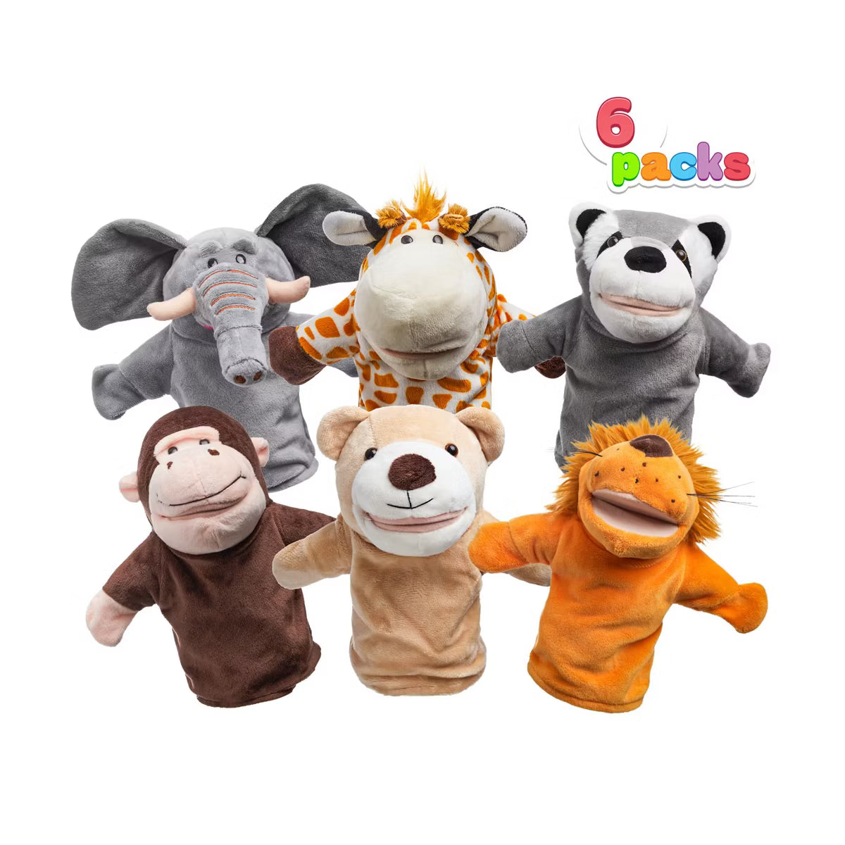 6Pcs Kids Hand Puppet Set with Working Mouth, Toddler Animal Plush Toy Includes Elephant, Giraffe, Lion, Bear, Raccoon and Monkey for Show Theater