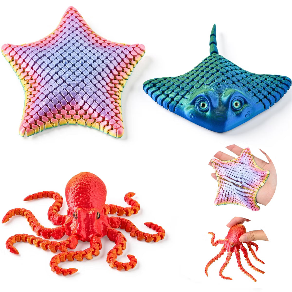 Joyfy 3Pcs 3D Printed Animal Toys, 3D Printed Fidget Toys, Octopus Ray Starfish, 3D Printed Toys Sea Animal Toys, 3D Printed Stuff for Desk Decoration
