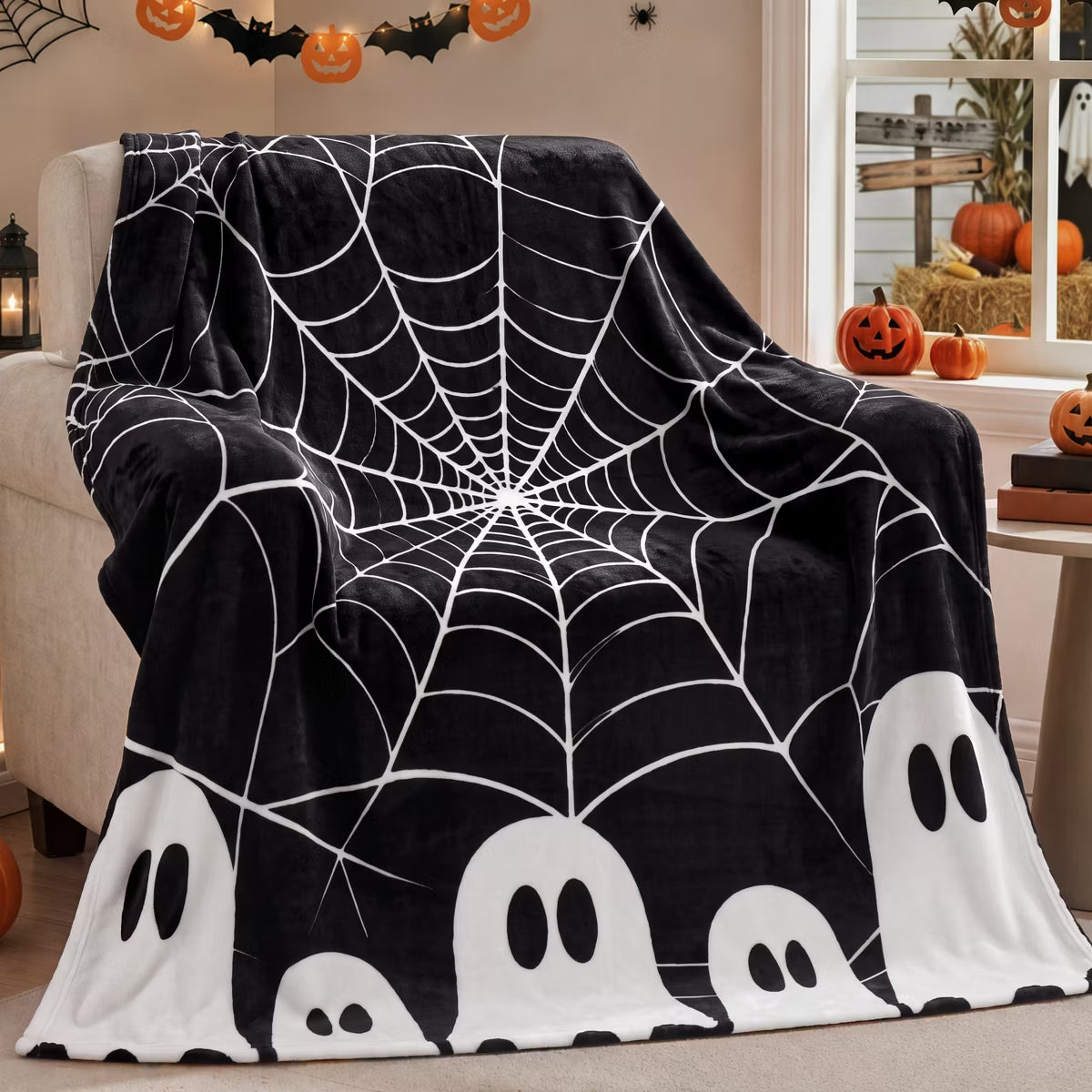 Throw Blanket Flannel Halloween -Black Ghost
