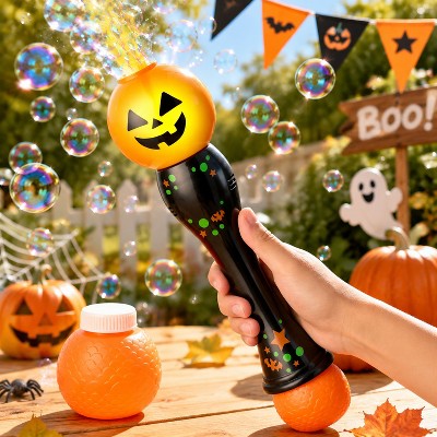 Joyfy Halloween Party Favors Light Up Automatic Bubble Toy Machine with 2 Bubble Solutions Pumpkin Bubble Blower Wand for Kids Gift School Game Prizes
