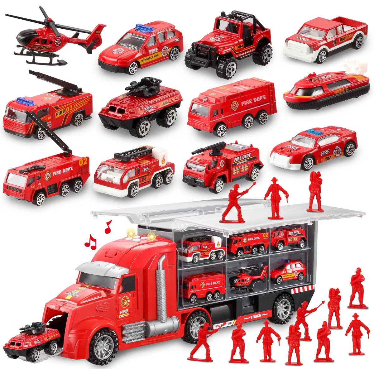 Joyfy 25 in 1 Fire Truck Toys Set with Sound & Light, Carrier Truck with 12 Fire Engines & 12 Firefighter Figures, Rescue Vehicle Gift for Boys 3+