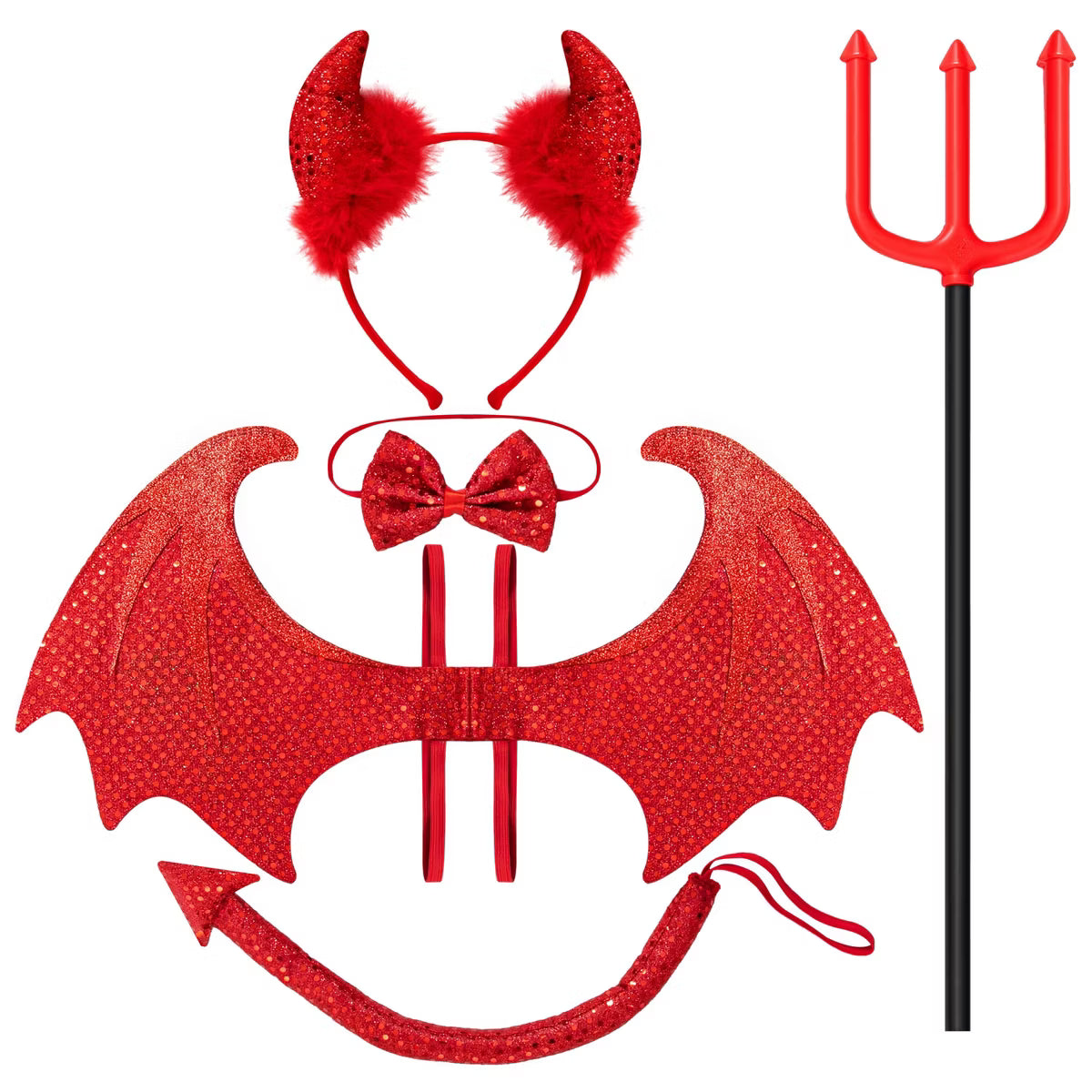 Joyfy 5 Pcs Halloween Devil Costume Set for women-Devil Wings, Pitchfork, Bow Tie, Horn Headband, and Tail for Halloween Cosplay Costume Accessories