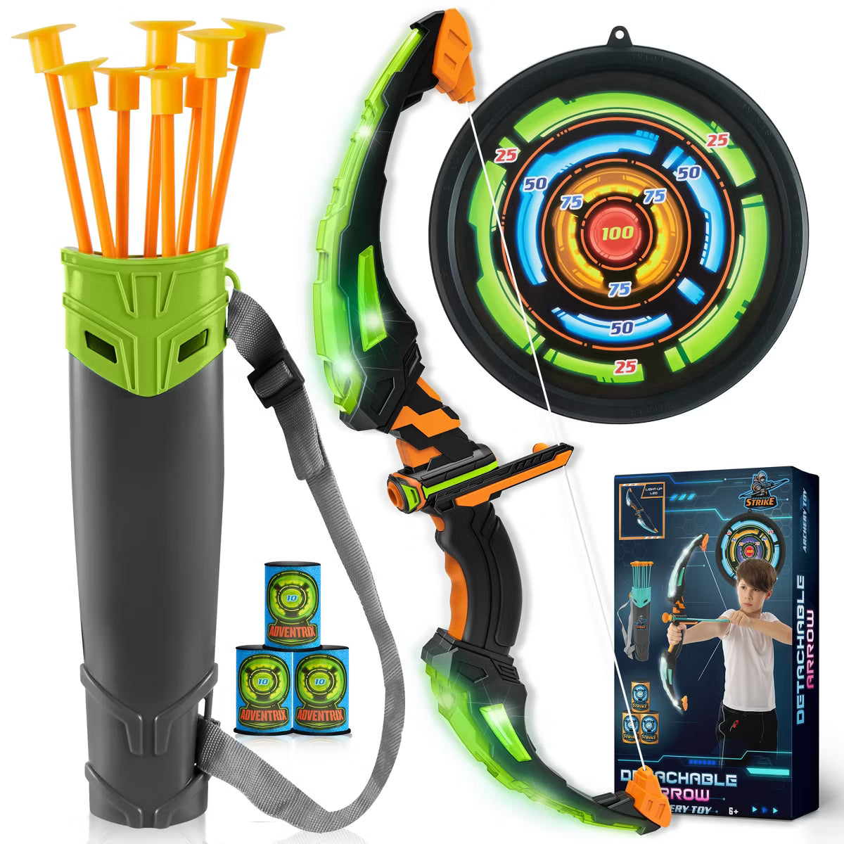 Joyfy Green Bow and Arrow Set for Kids, Archery Toy Set with LED Flash Lights, Suction Cup Arrows, Target & Arrow Case, Gift for Boys & Girls Age 6-12