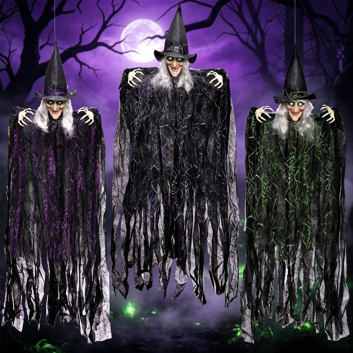 Joyfy 3 Pcs Halloween Hanging Decorations, 35" Flying Witch Props for Halloween Haunted House, Indoor Outdoor Tree Garden Yard Decor, Party Supplies