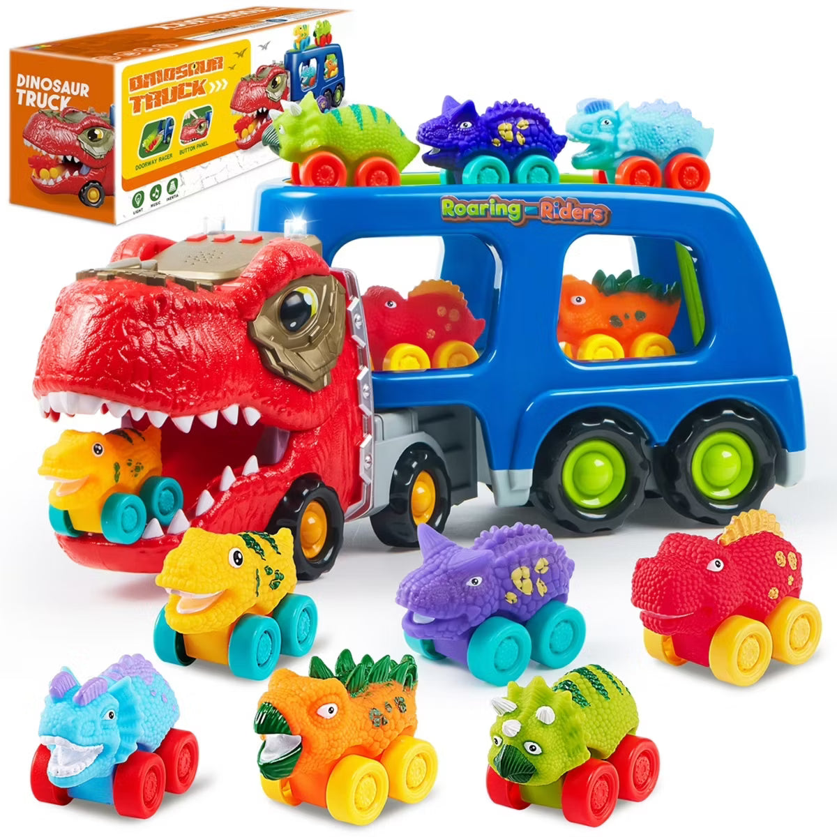 Joyfy Dinosaur Truck Toys with Music & Lights , Carrier Truck Toys with 6 Rubber Car Vehicles, Christmas Birthday Gifts for Toddler Boy 2 3 4 5 6