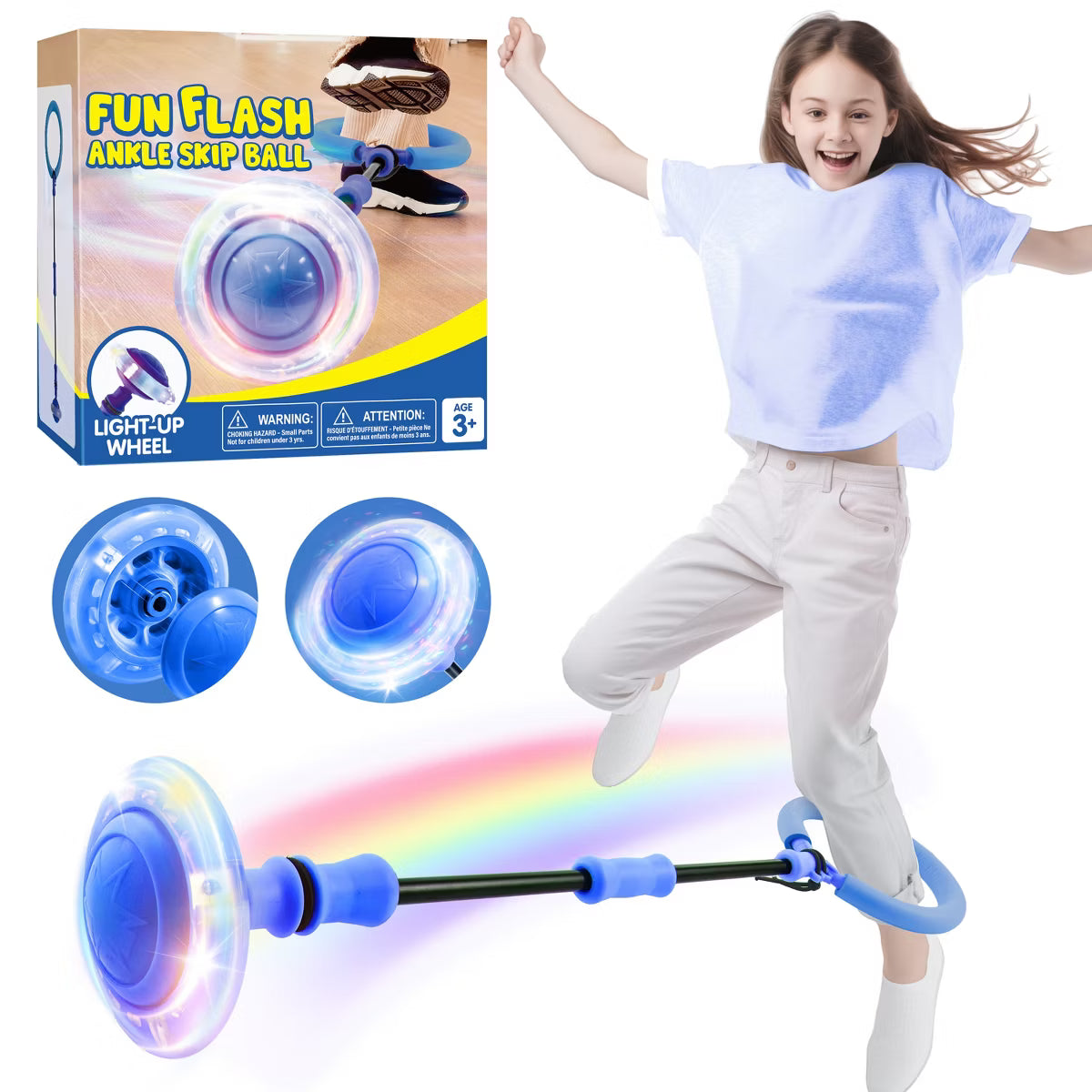 Joyfy Blue Ankle Skip Ball, Toy for Kids Indoor & Outdoor, Flashing Swing Ball Foldable Sports Toy, Birthday Gifts for Kids 3 4 5 +