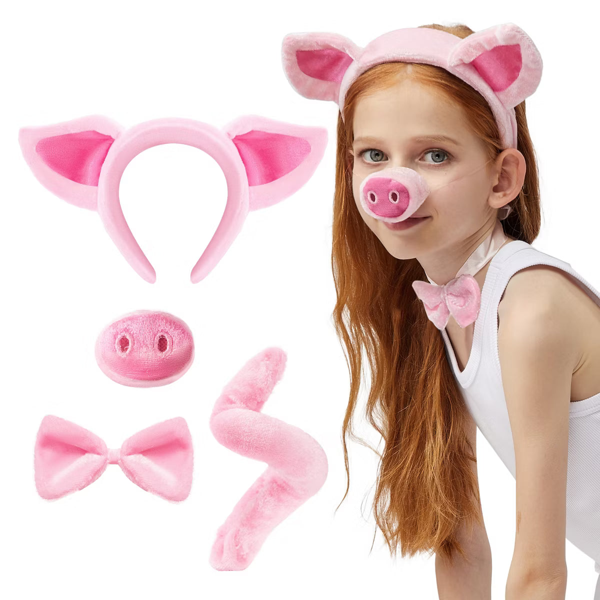 Joyfy 4 Pcs Halloween Girl's Animals Costume Set, Pink Pig Costume Set for Kids Adult with Pig Ears Headband, Pig Snout, Bow Tie, Tail for Cosplay