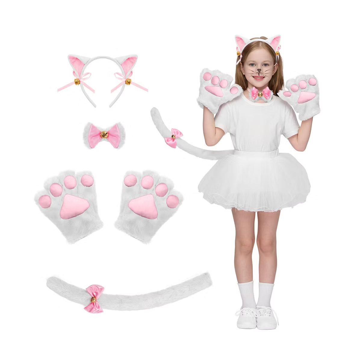 Joyfy 5 Pcs Halloween Costume for Girls, White Kitty Set for Adult Kids, Cat Ears Headband, Paws Gloves, Bow Tie, Tail for Halloween Cosplay Party