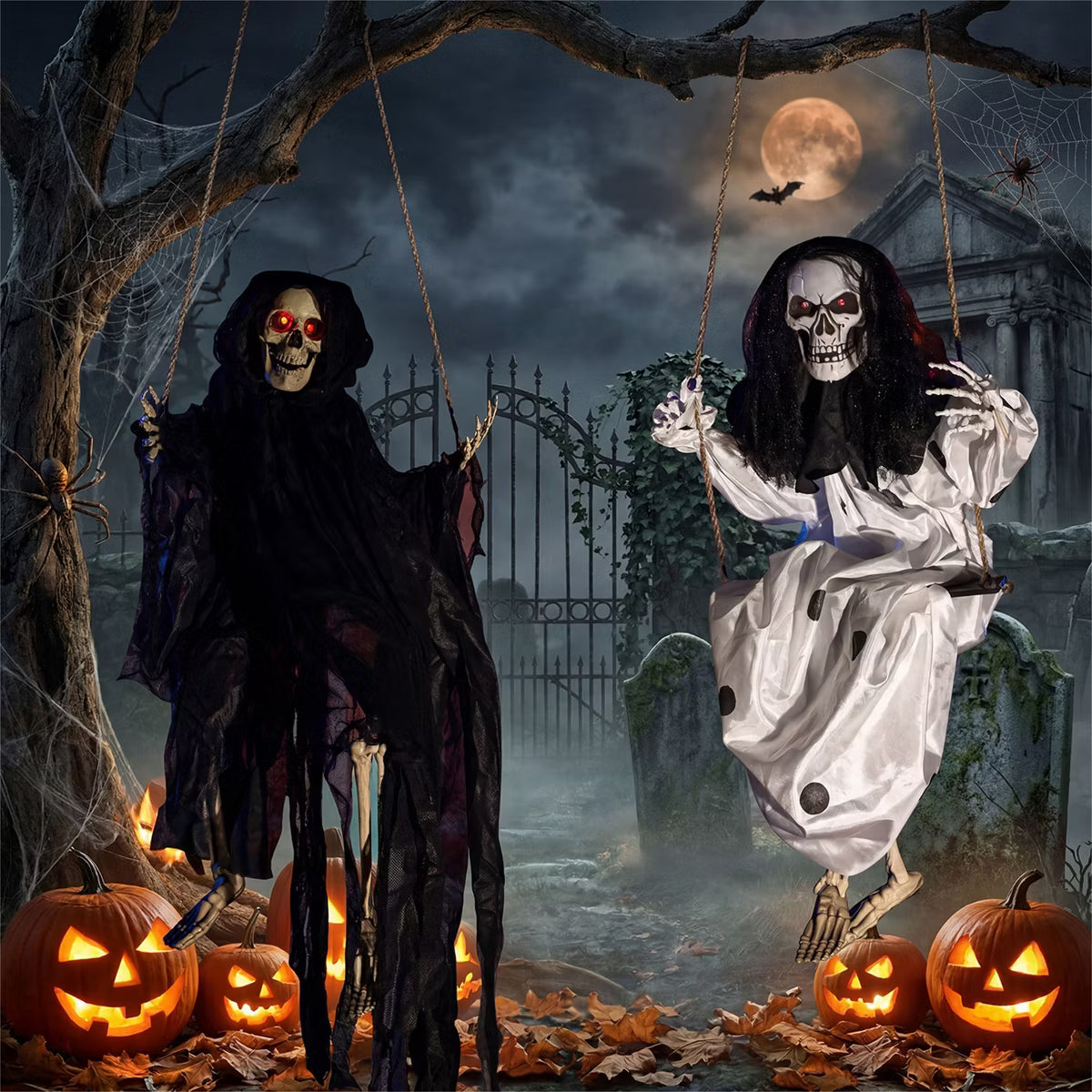 Joyfy 2 Packs 36" Halloween Hanging Outdoor Decoration, Swinging Skeleton with Robe for Halloween Decor, Floating Skeleton Prop for Party Yard Decor