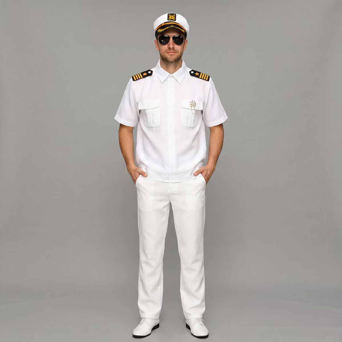 Joyfy Halloween Costume 5 Pcs Captain Set for Men, Sailor Outfit with Shirt, Hat, Pipe & Badge – Nautical Yacht Suit for Adult Dress Up Party-M