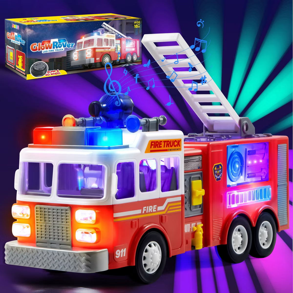 Joyfy LED Projection Fire Truck Toy with Siren Sounds, Bump & Go Action, Toddler Car Toys for Boys Girls 3+, Birthday Christmas Gift for Grandkids