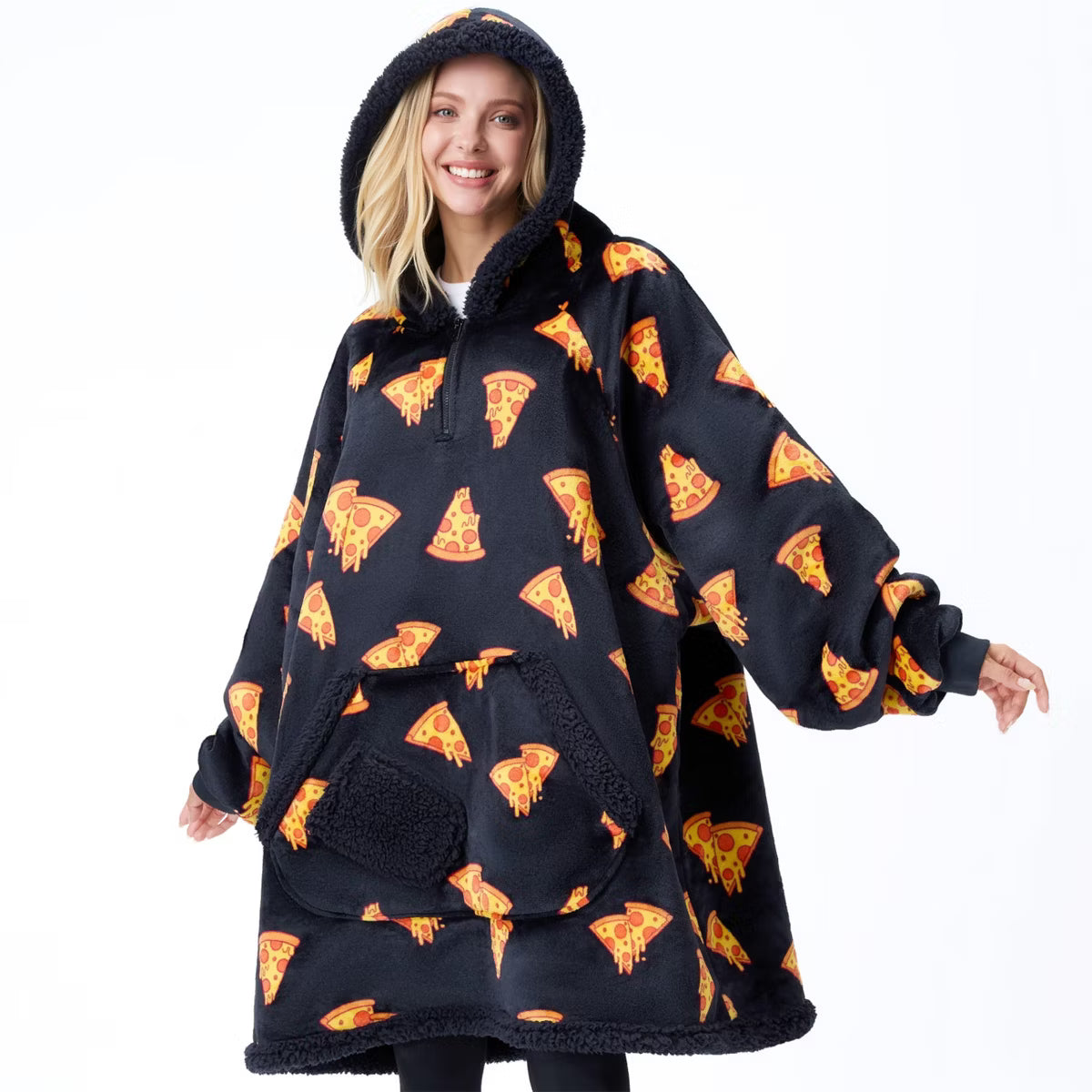 Joyfy Adults Wearable Blanket Hoodie for Women Men Giant Pocket Sleeves FlaWarm Oversized Fleece Winter Sweatshirt Blanket Birthday Gift Pizza