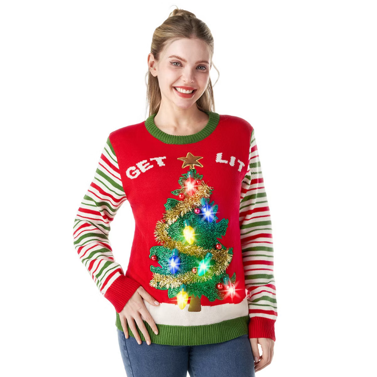 Joyfy Women LED Light Up Ugly Christmas Sweater Red Xmas Sweater Built-in Light Bulbs Knitted Pullover M