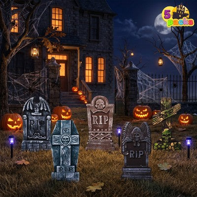 Joyfy 5pcs 17" Halloween Foam RIP Graveyard Tombstones with 12 Metal Stakes, Halloween Tombstones Cemetery Decorations for Haunted House Yard Lawn