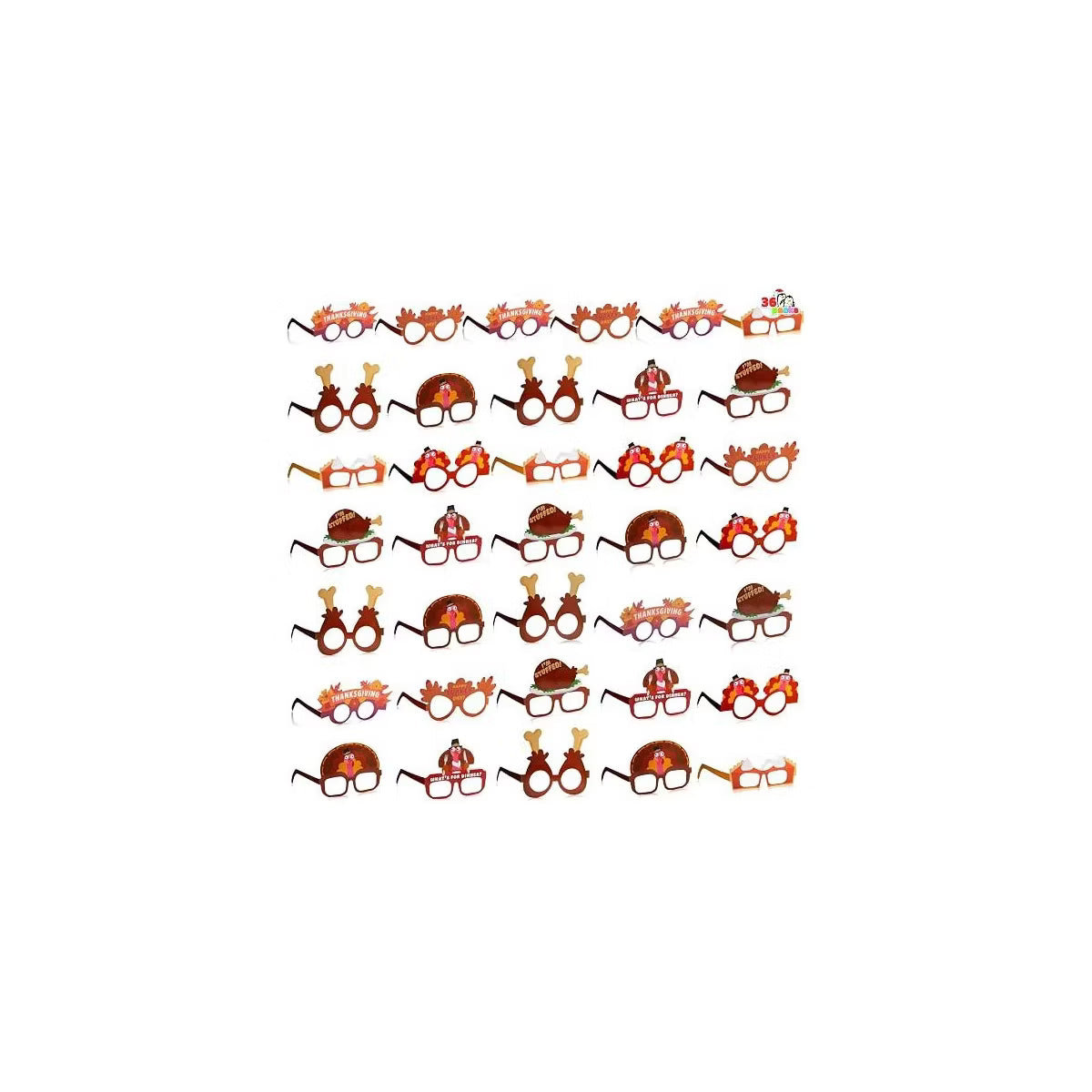 Joyfy 36-Pack Thanksgiving Turkey Glasses with Pumpkin & Maple Leaf Designs, One Size Fits All Photo Props for Kids Harvest Party Decorations