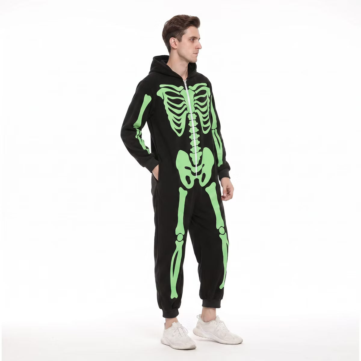 Joyfy Halloween Skeleton Jumpsuit Adult Men Skeleton Pajama for Halloween Party (Glow in the Dark) - XL