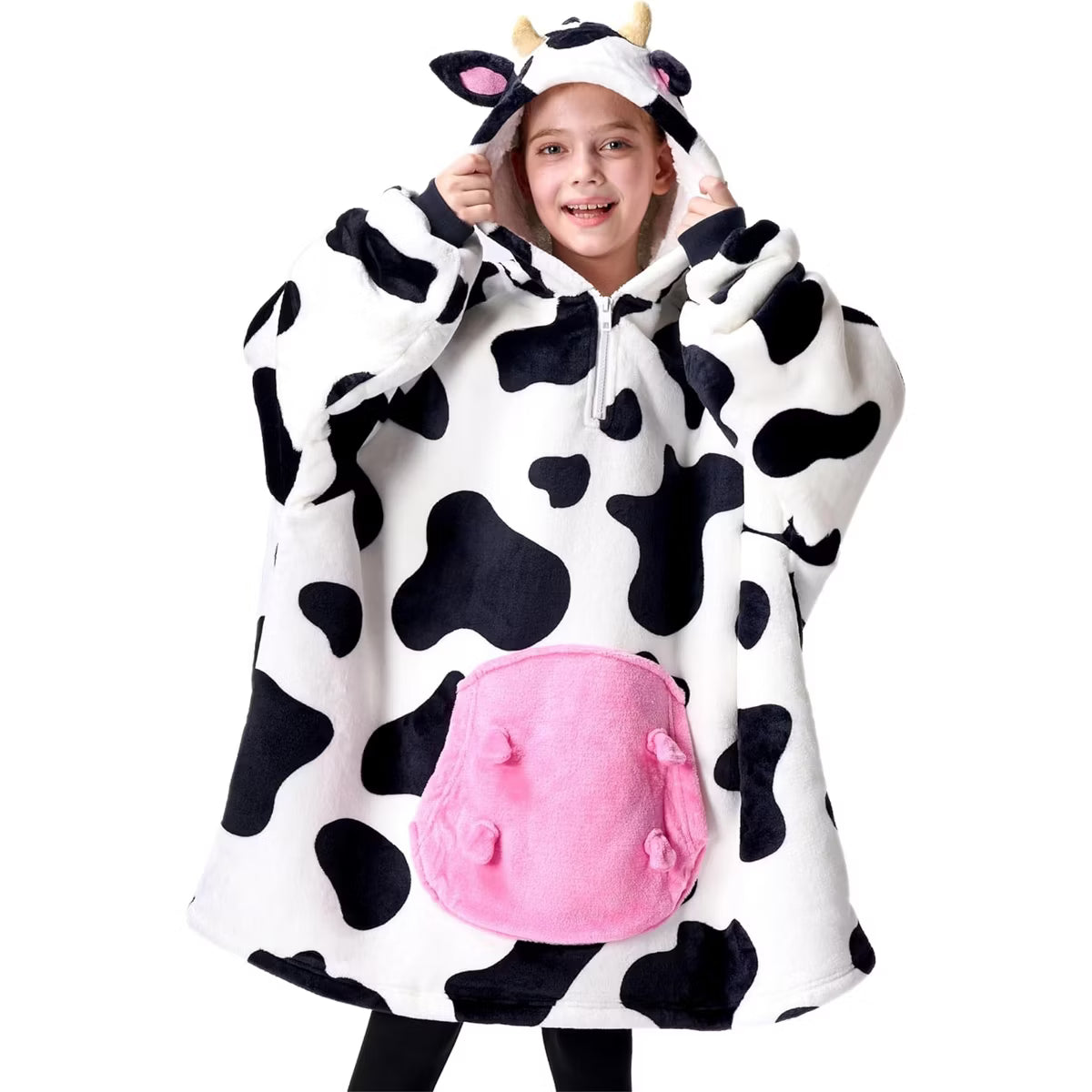 Joyfy Cow Wearable Blanket Hoodie, Oversized Soft Fleece Hooded Blanket, Cozy Warm Sweatshirt Gifts with Giant Pocket and Sleeves for Kids Girls Boys