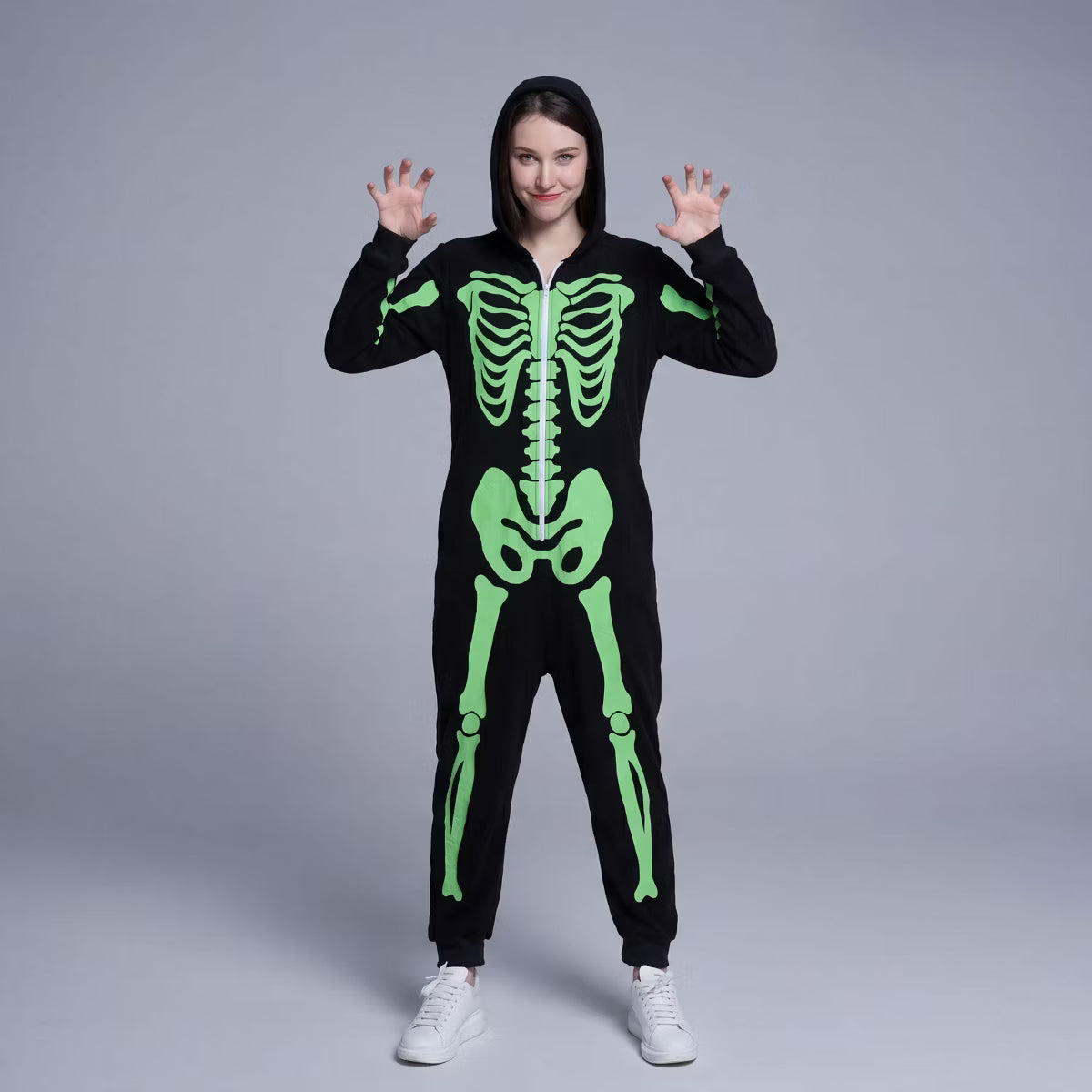 Joyfy Halloween Skeleton Jumpsuit Adult Women Skeleton Pajama for Halloween Party (Glow in the Dark) - L