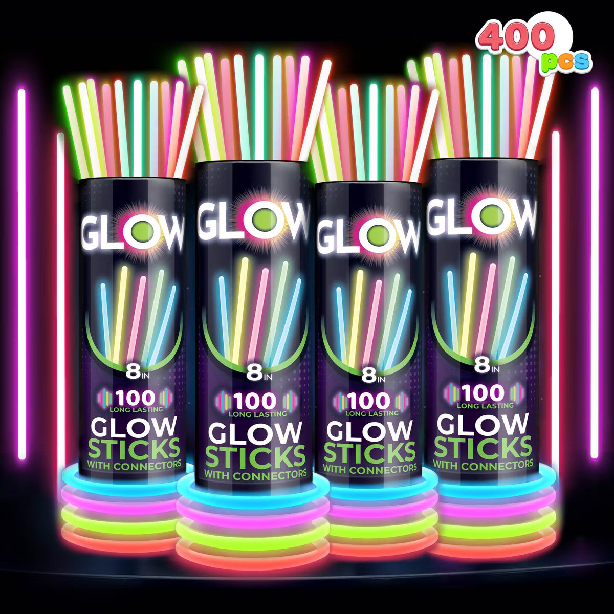 Joyfy 400 Pcs 8“ Bright Glow Sticks Bulk Party Favors Pack,Halloween Christmas,Easter, Football, Birthday Decorations,Light Up Necklaces Bracelets