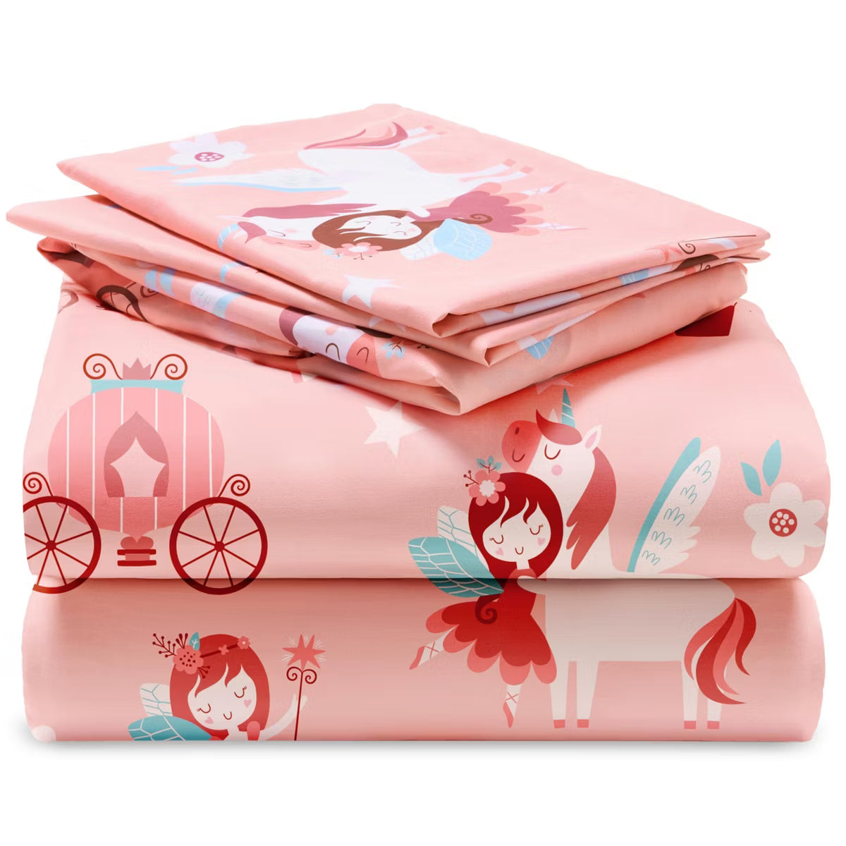 Joyfy 4 Piece Kids Full Sheet Set Pink Princess Sheet Set Soft Microfiber Deep Pocket Wrinkle Cozy Toddler Bedding Set, Free Bedding for Boys Girls