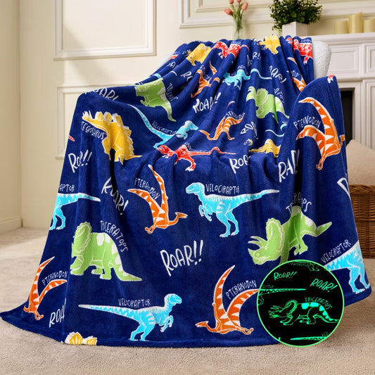 Glow in The Dark Blanket - Dinosaur Gift 50"×60" Soft Cozy Flannel Kids Throw Blanket, Birthday Bedroom Decor for Girls Boys Age 2 3 4 +