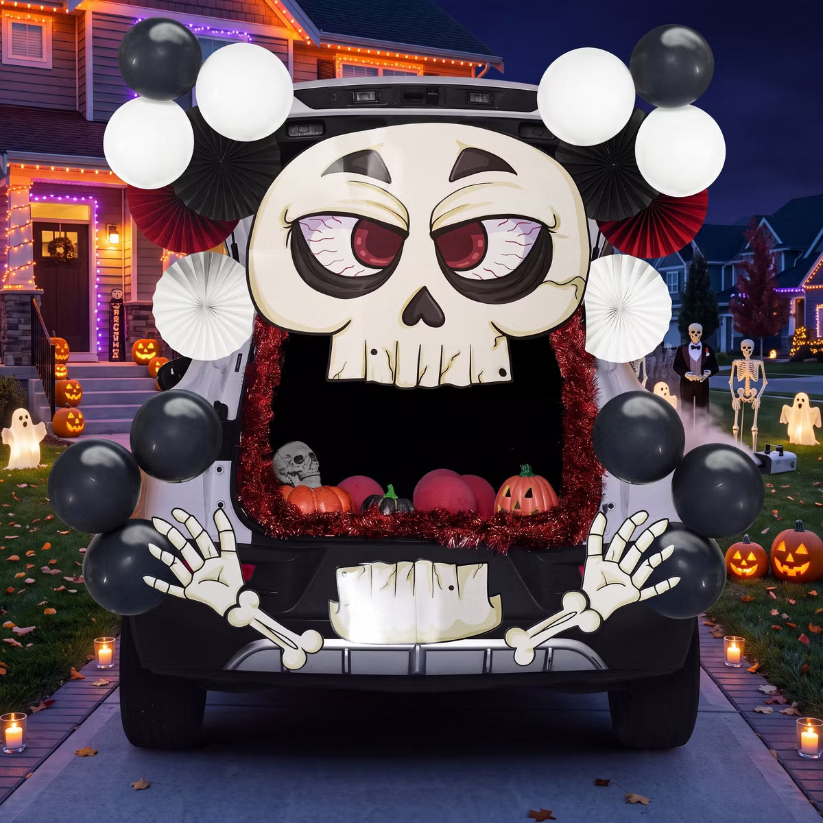 Joyfy Halloween Trunk or Treat Car Decorations Kit with Skeleton Design, Car Archway Garage Decoration with a Set of Skeleton Paper Board, Balloons