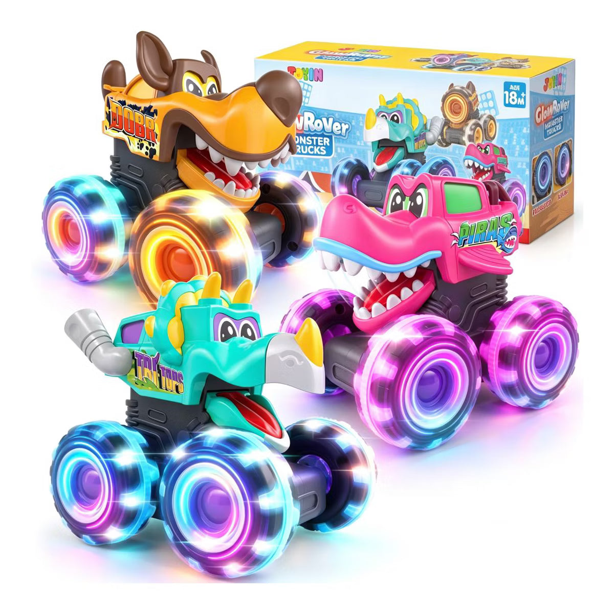 JOYFY 3 Pack Monster Truck Toys- Motion Activated Light Up Cars - Monster Glow Rover LED Wheels - Baby Boy Toys - Trucks for Kids Boy Birthday Gifts