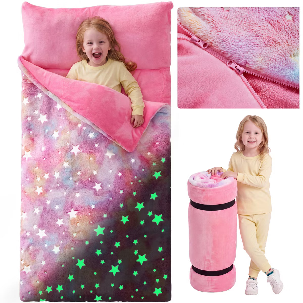 Flannel Slumber Bag with Glow-in-the-Dark Pink Stars