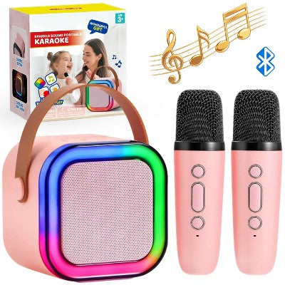 Mini Karaoke Machine with 2 Wireless Microphones for Kids and Adults, Bluetooth Speaker Toys, Christmas Girls Gift for Ages 3+ Years Old, Pink