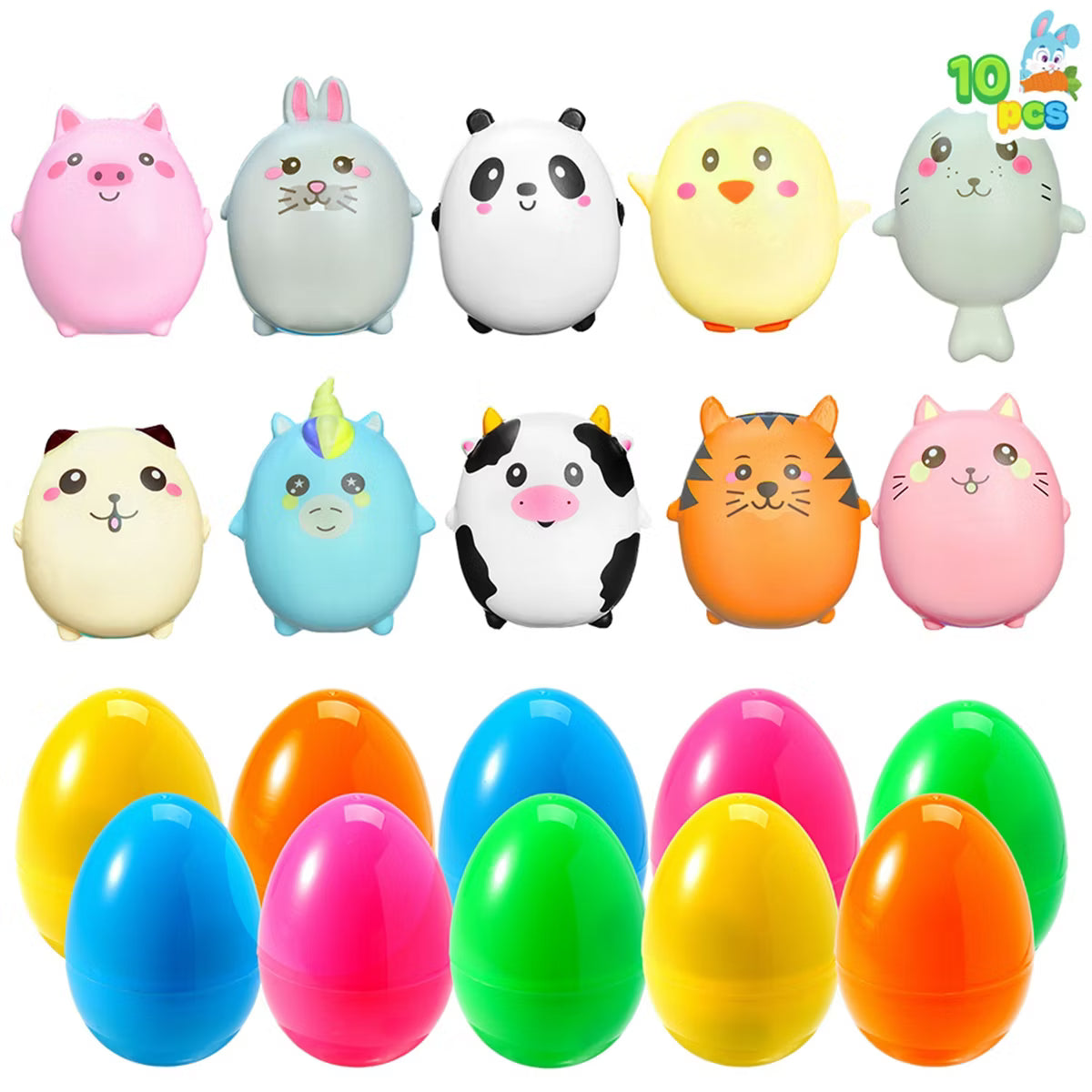 Joyfy 10 Packs Prefilled Jumbo Easter Eggs with Squishy Toy, Cute Animal Stress Relief Toys for Kids Easter Egg Hunt, Party Favor, Basket Stuffers