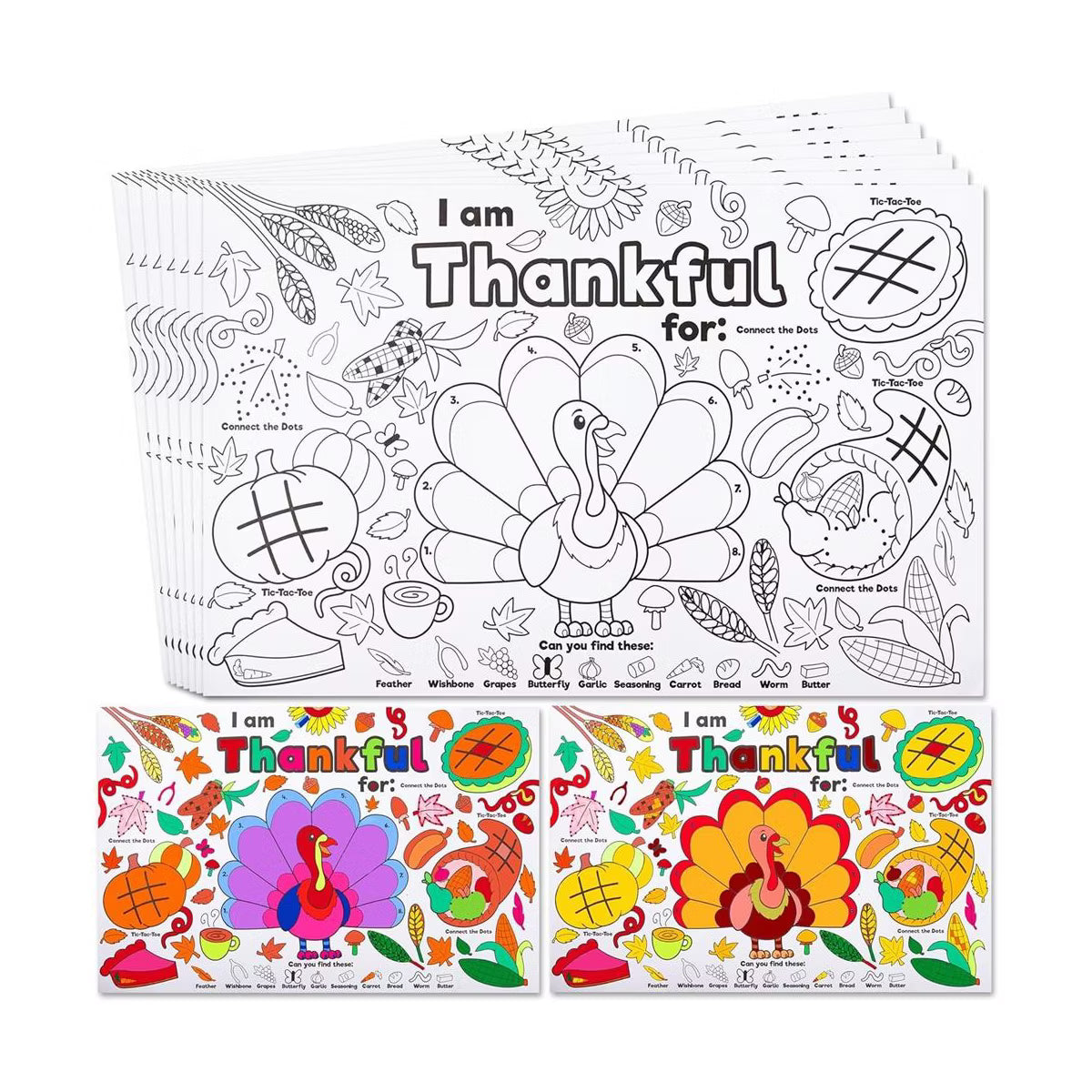 Joyfy 24 Pcs Thanksgiving Coloring Placemats, Turkey Coloring Paper Table Mats, Make Own Art & Craft Kit for Kid School Activities Party(No pigment)