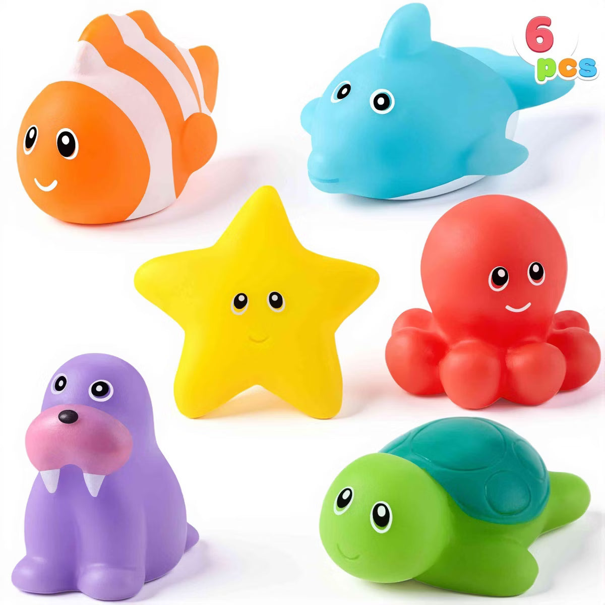 Joyfy 6 Pcs Sea Animal Bath Toys, Sealed No-Hole Mold Free Bathtub Toys for Kids, Non-Toxic Soft Water Vehicles Toys Squeezable Float on Water