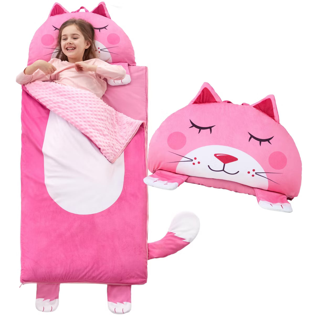 Joyfy 60" x 27" Kids Sleeping Bag 4 5 6 Year Old Girl Gifts Toddler Nap Mat with Pillow & Blanket Kids Soft Plush Sleeping Mat for Preschool Girls