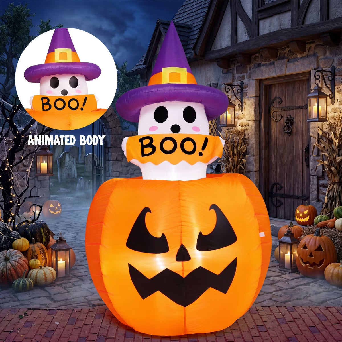 Joyfy 5FT Halloween Inflatables Outdoor Decorations, Animated Inflatable Ghost on Pumpkin with LEDs for Halloween Outdoor Yard Lawn Garden Decoration