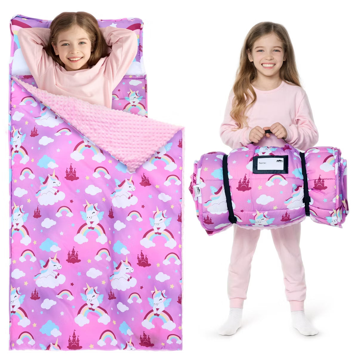 Joyfy 55"x30" Toddler Nap Mat with Removable Pillow/Blanket Kids Sleeping Bag for Boys Girls Age 3-6 Roll Up Soft Preschool Kindergarten Sleepover