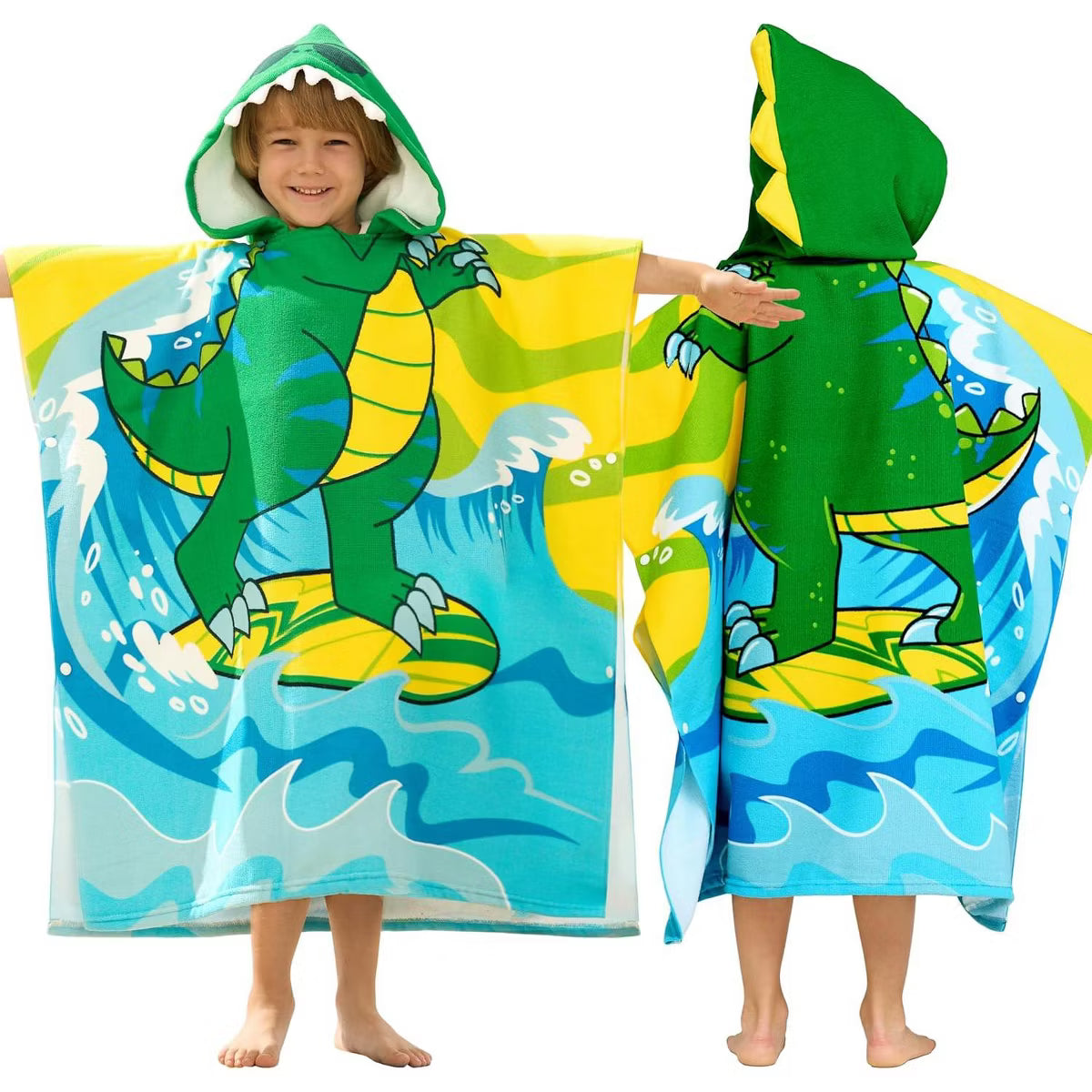 Joyfy Kids Beach Towels with Hood for 3-10 Years Dinosaur Print Quick Dry Microfiber Swim Robe with Backpack Lightweight 30"x30" for Beach Pool