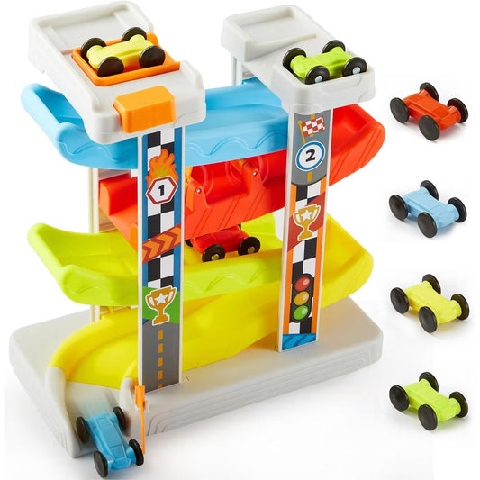 Toddler Toys for 18M+ 2 Year Old Boy Girls, Race Track Car Ramp Toy with 4 Cars and Parking Spaces, Birthday Gifts for Baby Toddlers Indoor Outdoo