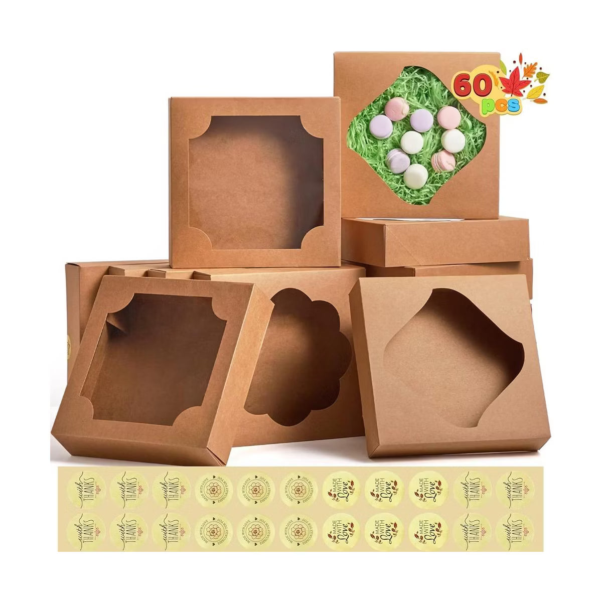Joyfy 15 Pcs Kraft Bakery Boxes with Stickers, Perfect for Cakes, Pies, Cookies, Muffins, Thanksgiving & Christmas
