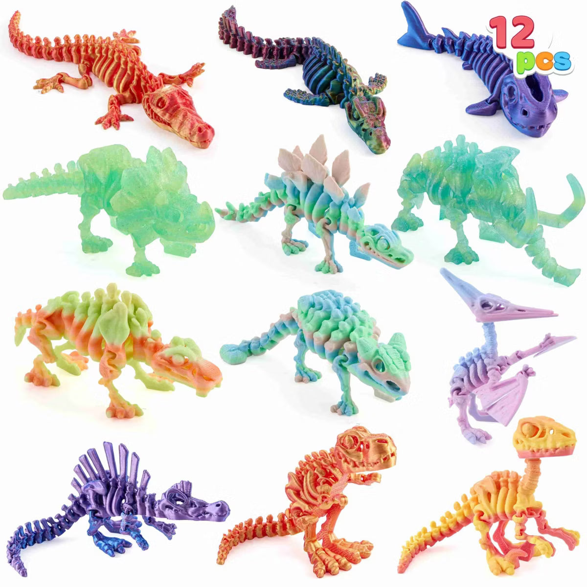 Joyfy 12 Pcs 3D Printed Dinosaur Fidget Toys Articulated Skeleton Animals Dinosaur, Flexible Dinosaur Skeleton Model Toys for Kids Pinata Party Favors