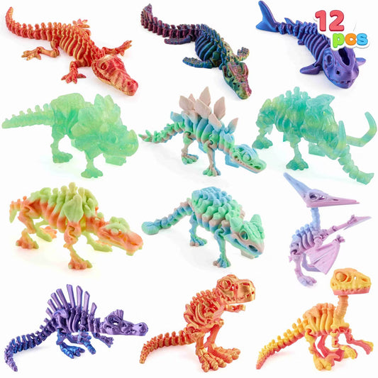 Joyfy 12 Pcs 3D Printed Dinosaur Fidget Toys Articulated Skeleton Animals Dinosaur, Flexible Dinosaur Skeleton Model Toys for Kids Pinata Party Favors