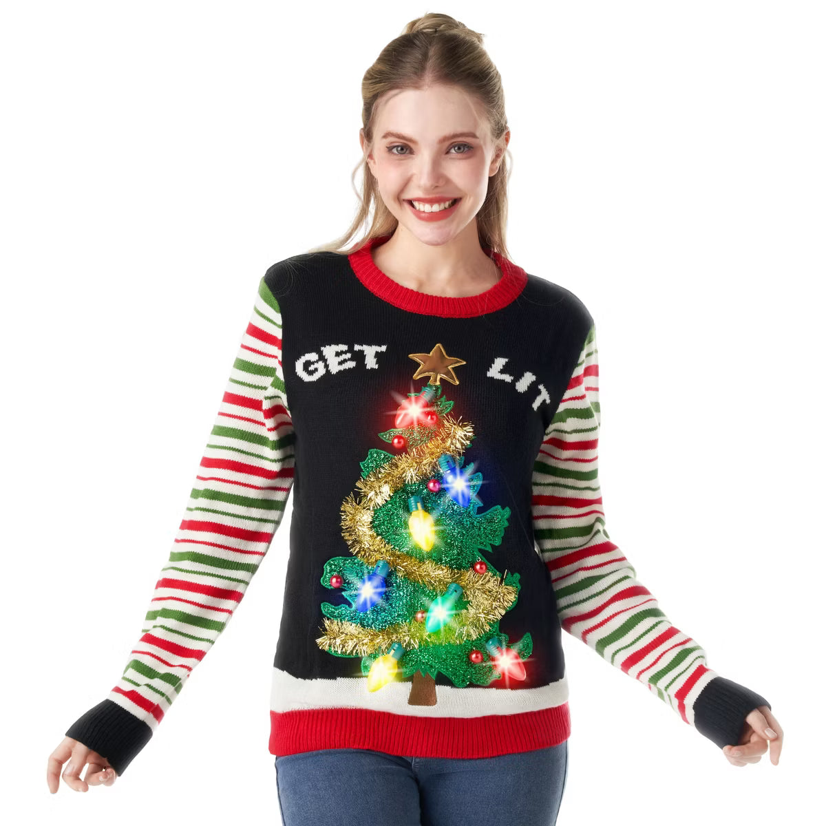 Joyfy Christmas Sweaters for Women, Christmas Ugly Sweater, LED Light Up Christmas Tree Pullover Tops(Large, Black)