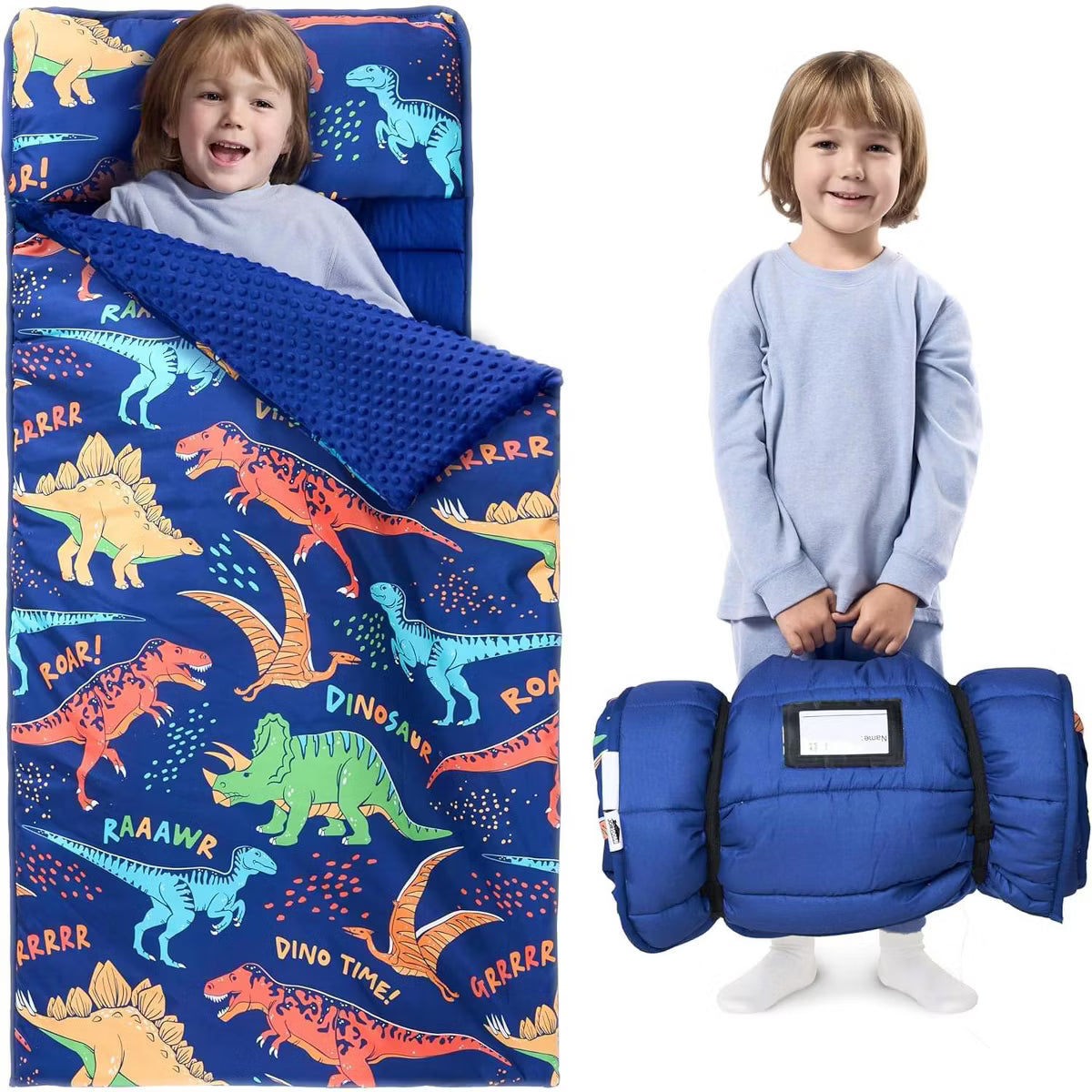Joyfy Toddler Sleeping Bag for Kids 55x30 Inches with Removable Pillow & Minky Blanket, Portable Roll Up Nap Mat for Ages 3-5 Kindergarten Daycare