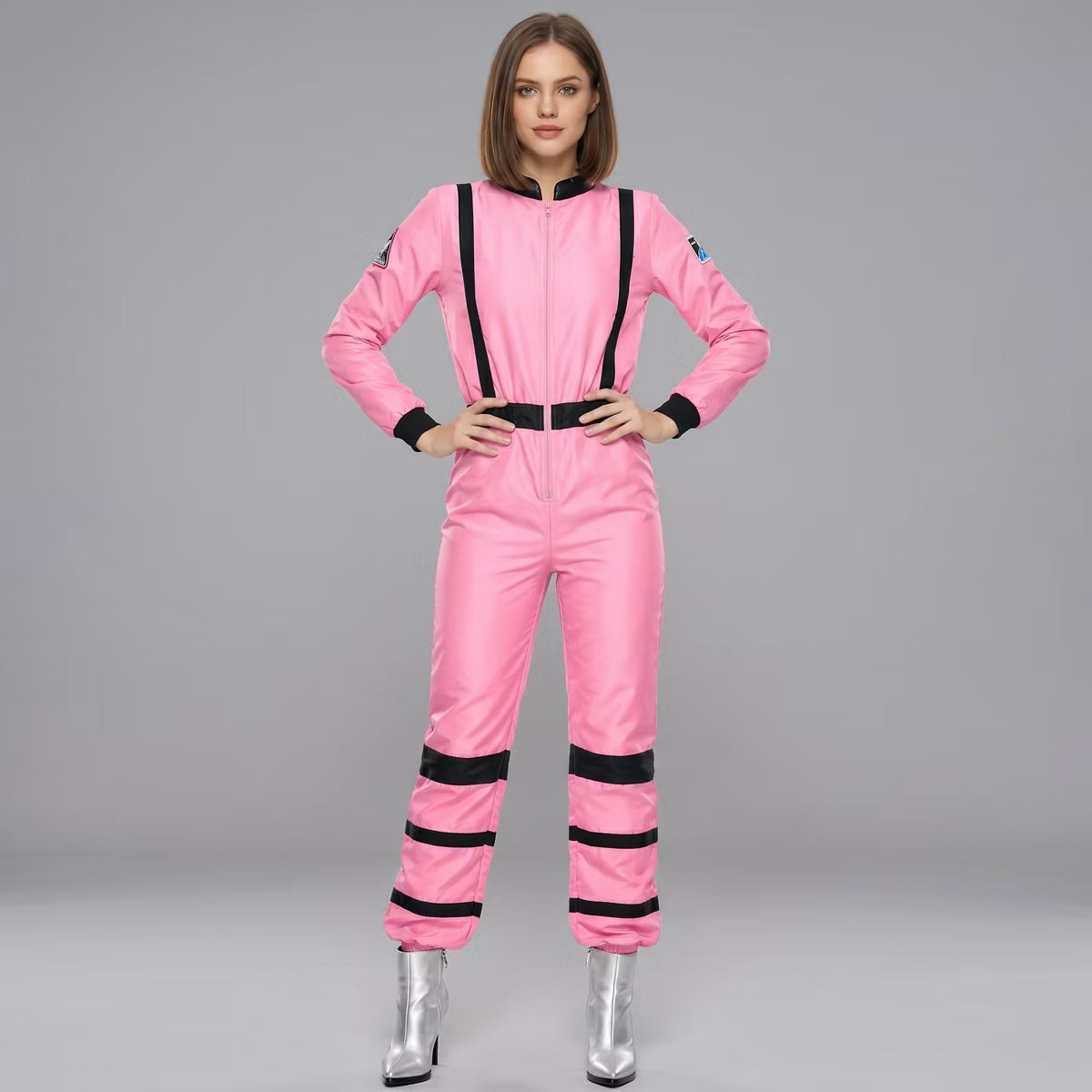 Joyfy Halloween Costume Astronaut Jumpsuit for Women, Pink Space Outfit with Elastic Belt & Front Zipper – Adult Space Suit for Dress Up Party-M