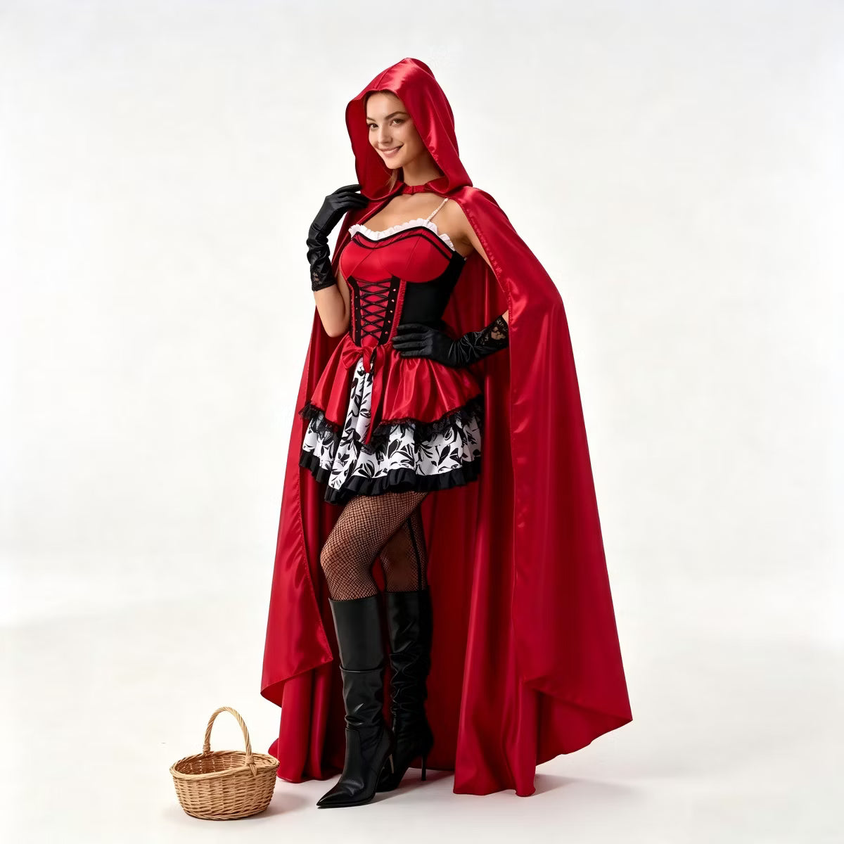 Joyfy Halloween Costume for Women, Adult Little Red Riding Hood Suit with Cape, Gloves & Stockings for Halloween Dress Up Party-M