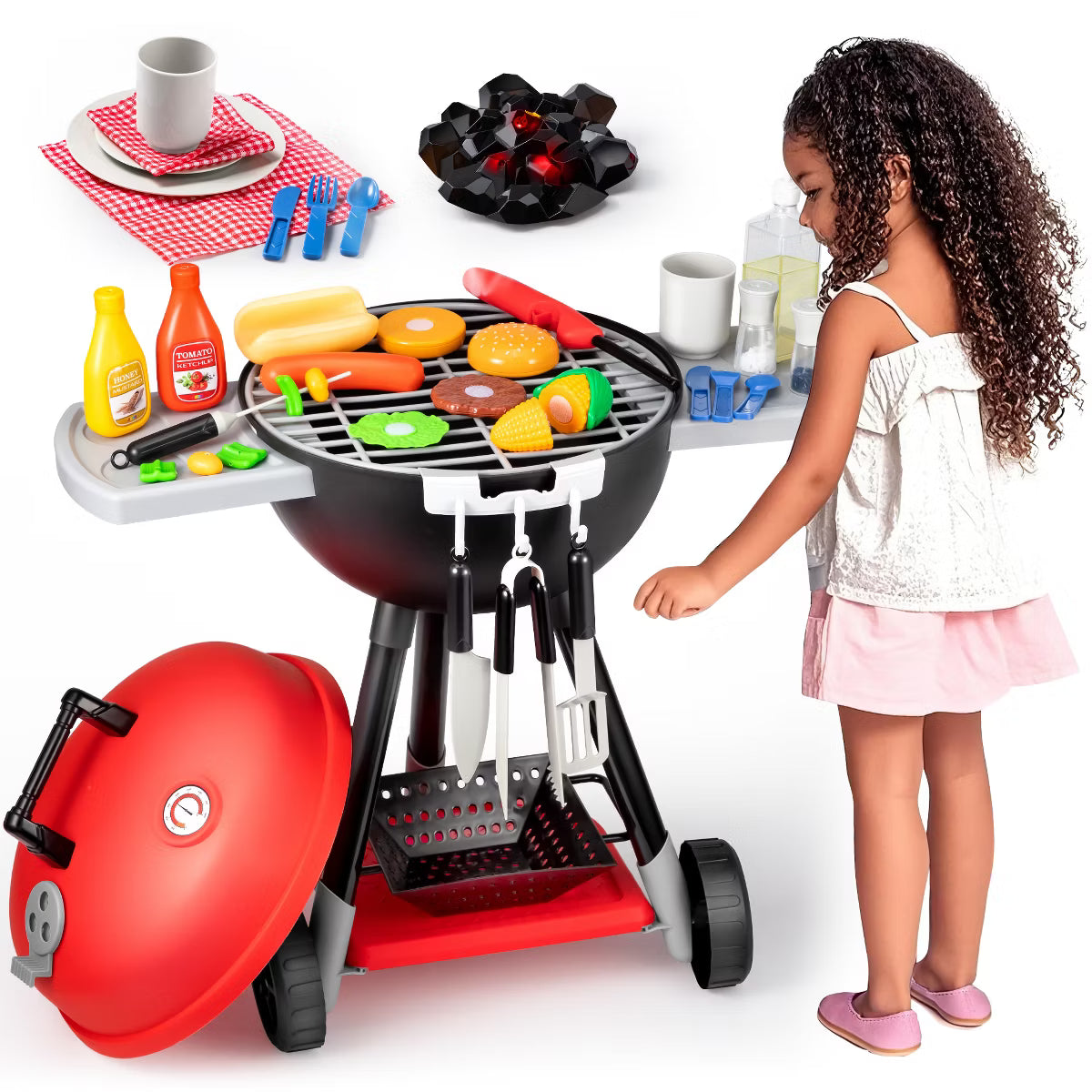 Joyfy Kids Grill Playset, BBQ Toy Grill with Sound Light, Pretend Play Kitchen Toys Grills for Toddlers 3-5, Christmas Birthday Gifts for Boys Girls