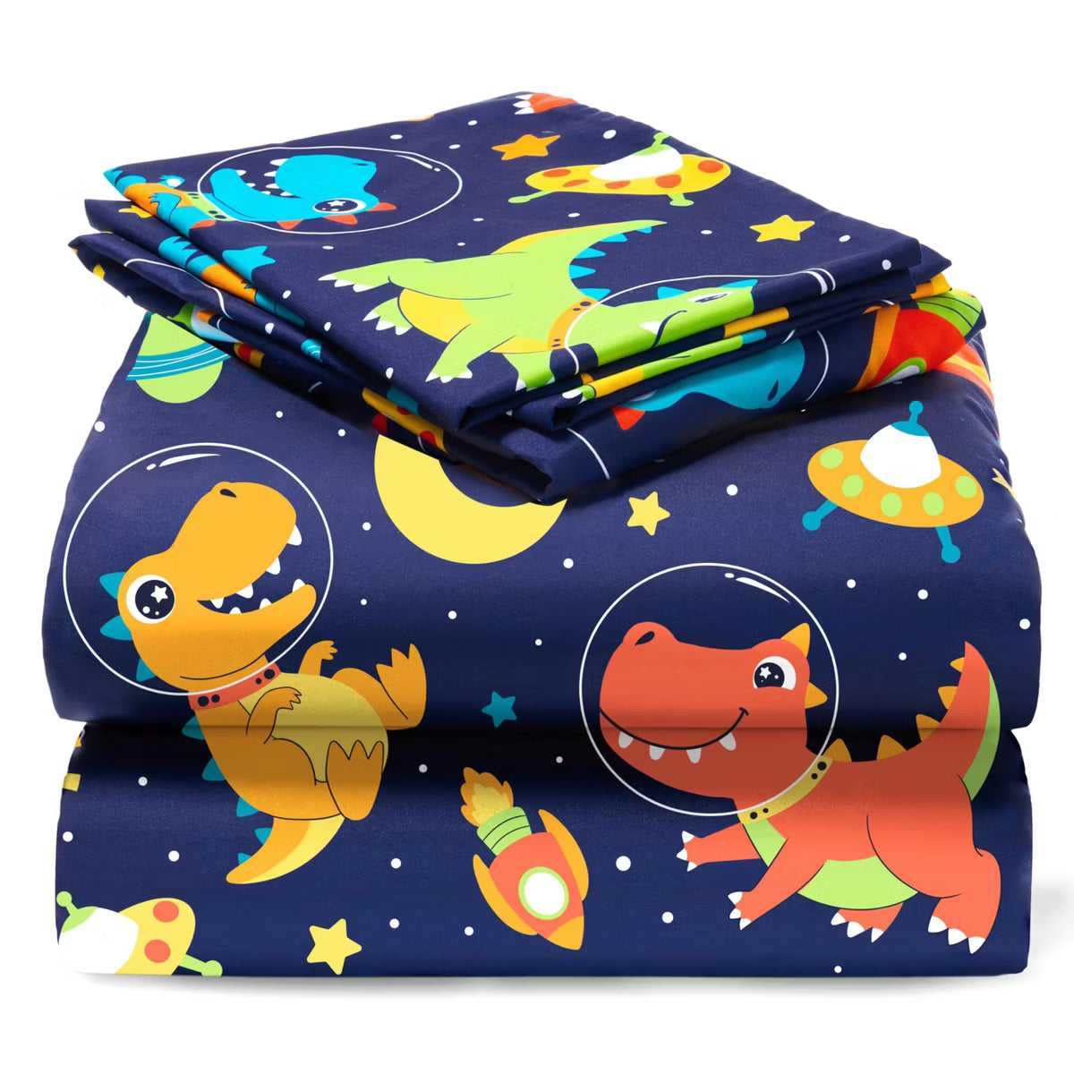 Joyfy 4 Piece Kids Full Sheet Set Space Dinosaur Sheet Set Soft Microfiber Deep Pocket Wrinkle Cozy Toddler Bedding Set, Free Bedding for Boys Girls
