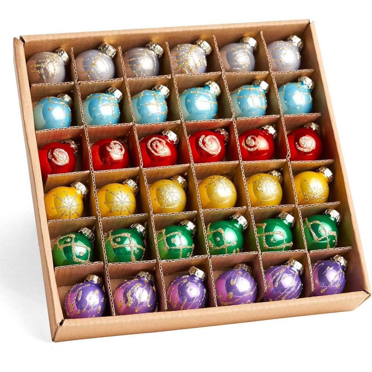 Joyfy 36 Pcs Christmas Colorful Mini Ball Ornament Set, Metalic Glass Balls with Glitter Prints & Rope Hangers, Hanging Ornaments for Christmas Tree