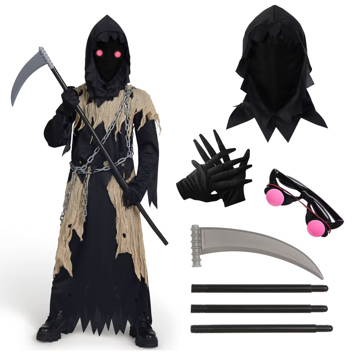 Joyfy Boys' Halloween Costume Grim Reaper Set, Glowing Eyes Kids Grim Reaper Costume with Mask, Scythe, Chain & Gloves for Halloween Dress Up Party-M