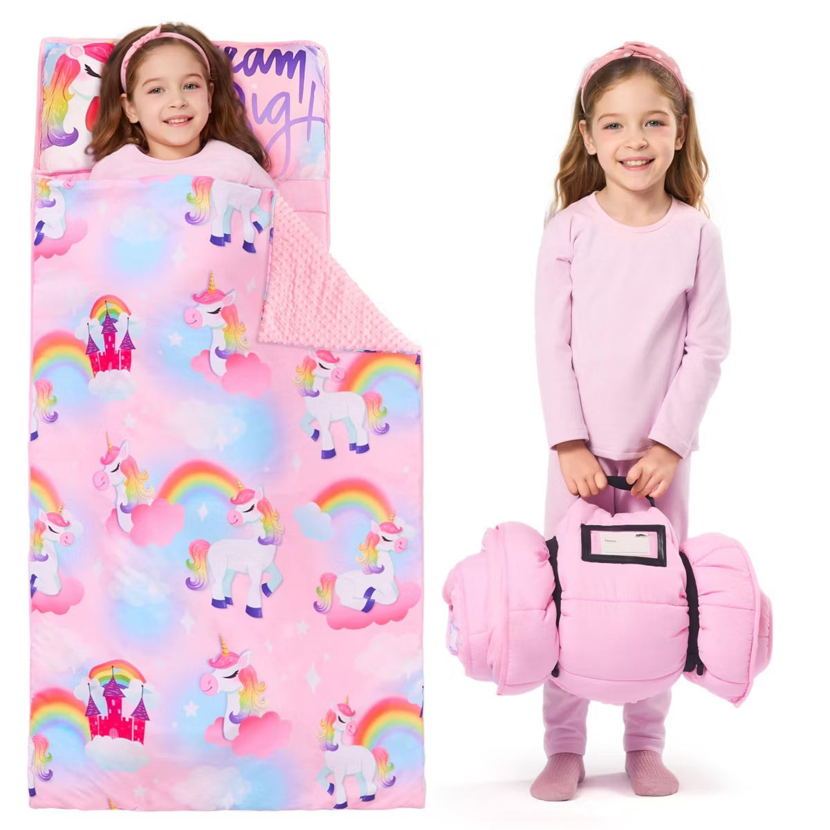Joyfy 55"x30" Toddler Nap Mat with Removable Pillow/Blanket Kids Sleeping Bag for Boys Girls Age 3-6 Roll Up Soft Preschool Kindergarten Sleepover